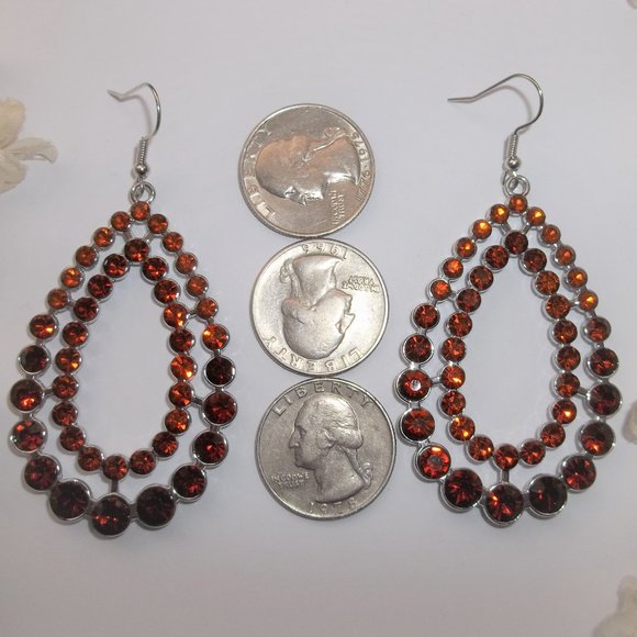 Earrings Hoops Orange and Silver Double Teardrop Sparkly Rhinestone Drop A479 - Picture 3 of 5